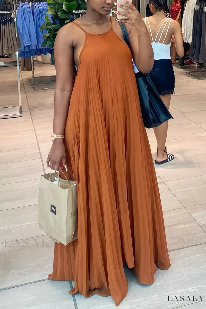 Lasaky – Sophisticated Brown Halter A-Line Dress with Stylish Folded Accents