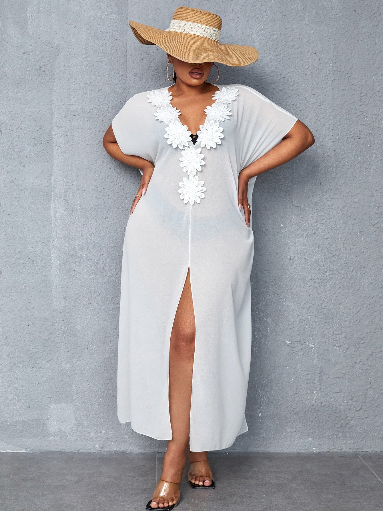 Plus Appliques Batwing Sleeve Split Thigh Cover Up Dress Without Bikini