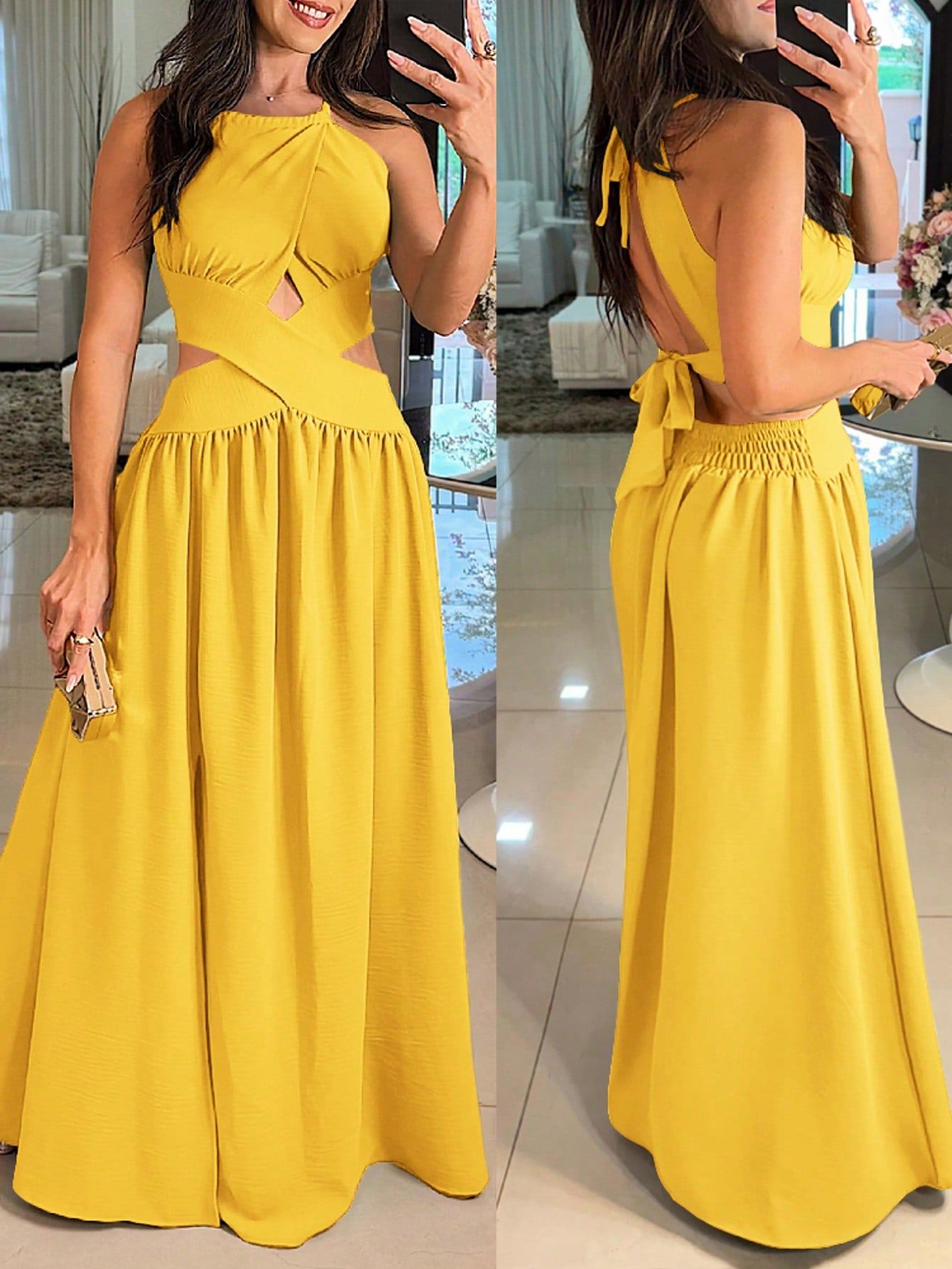 Halter Sleeveless Tied Detail Shirred Criss Cross Flared Dress Glamorous Evening Dress