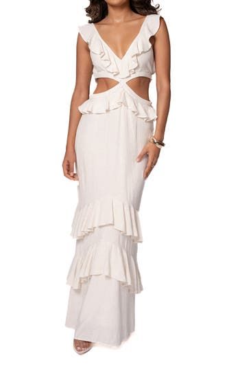JLUXLABEL Sunshine Cutout Ruffle Cotton & Linen Maxi Dress in Beige at Nordstrom, Size X-Small