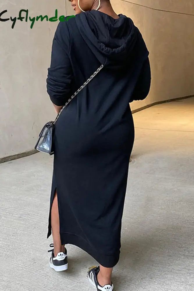 Cyflymder - Black Fashion Casual Solid Slit Hooded Collar Long Sleeve Dresses - Grey / 2XL