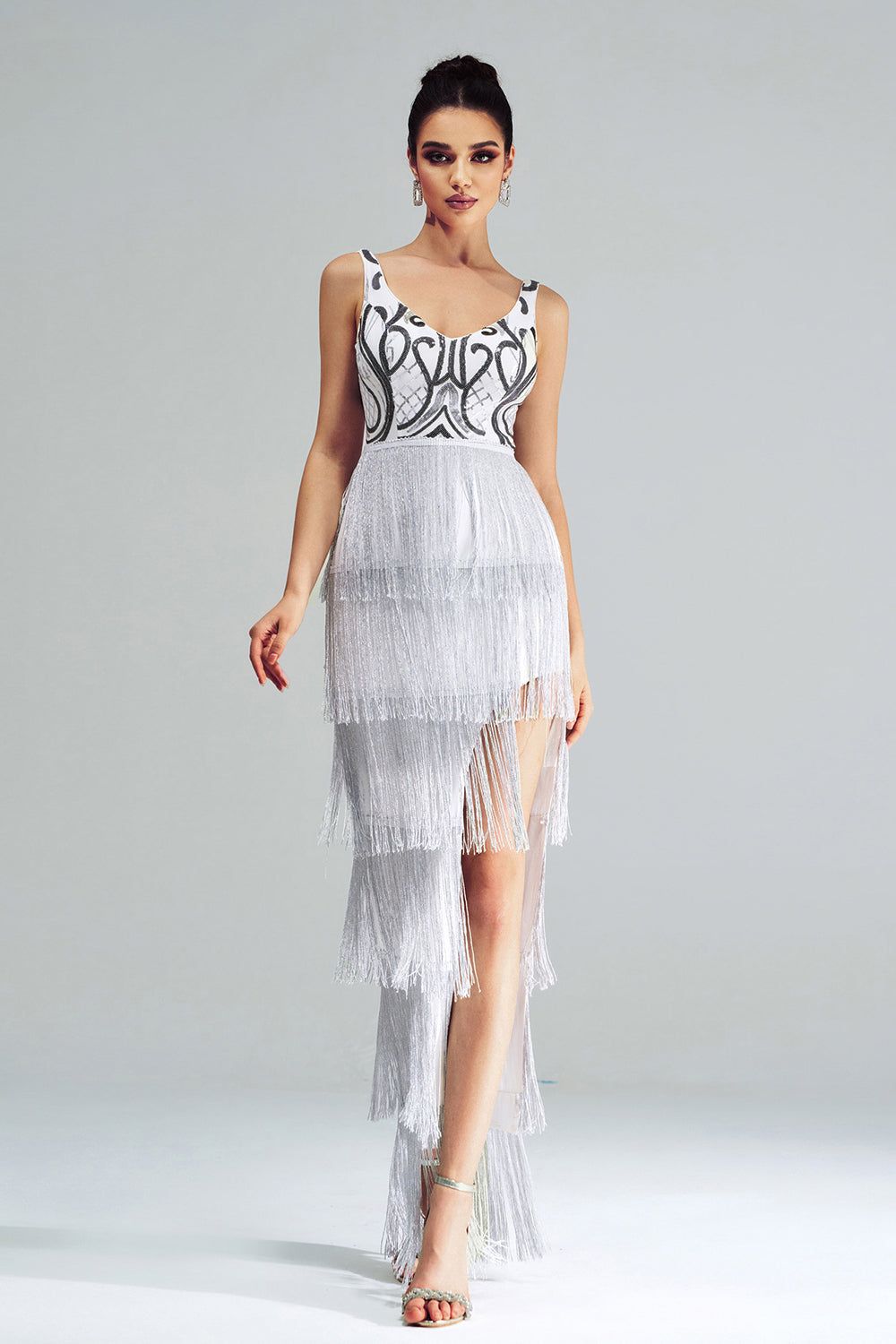 Zapakasa Women White Prom Dress With Fringes Sheath Long Wedding Guest Dress With Slit