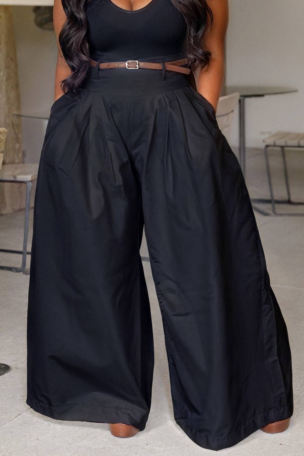 Plus Size Business Casual White Casual Pocket Pants Black-2XL/18-20