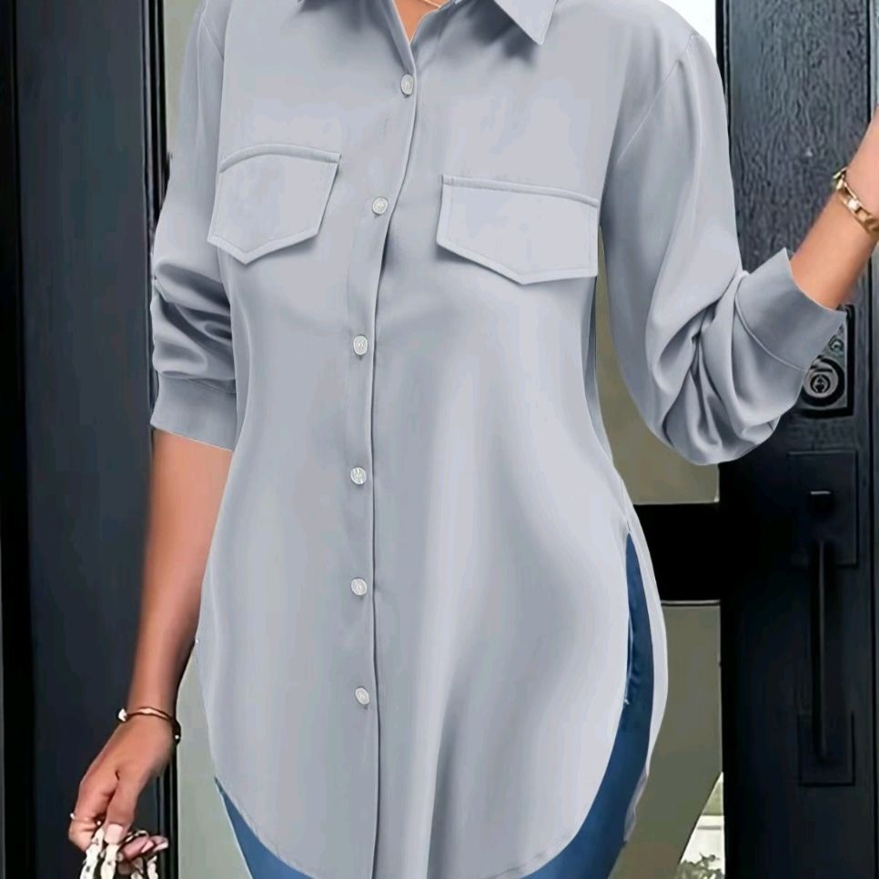 Women's Gray Button-Up Top | Color: Gray/White | Size: Xl