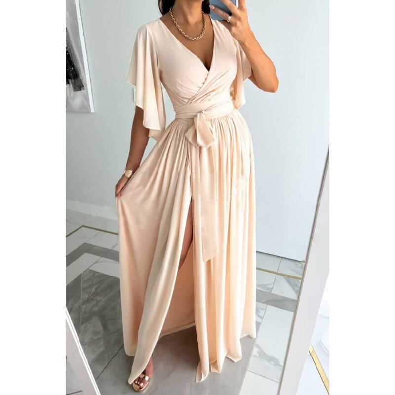 Solid Color High Waist Lace-up Gown Ladies Elegant Commuter Evening Party Split Hem Dressy Women's V Neck Flared Sleeve Dresses - Blue / M