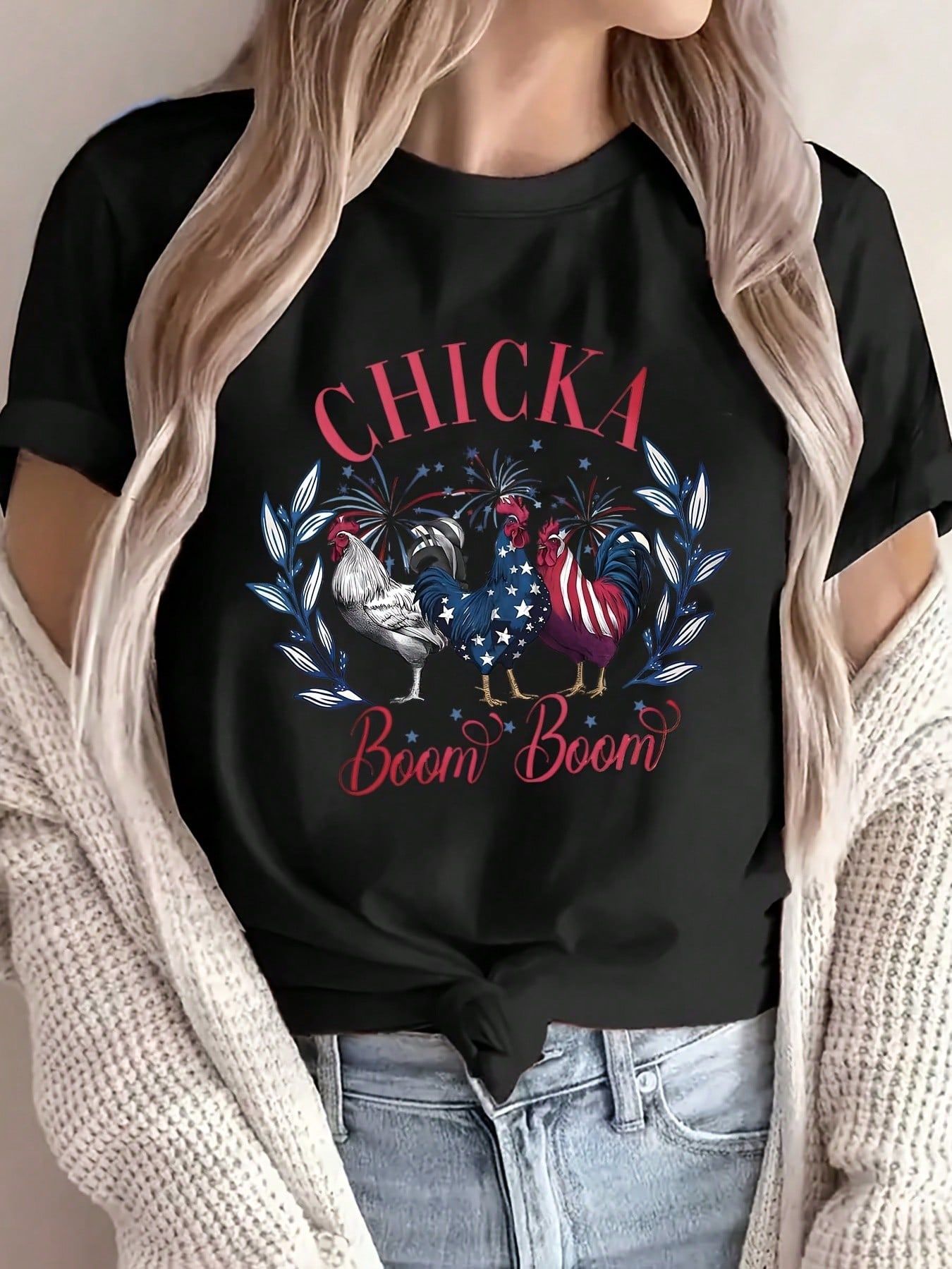 Women's Independence Day Themed Printed Crew Neck T-Shirt - Spring And Summer Patriotic Short Sleeve T-Shirt Casual Top, Suitable For Independence Day Or Casual Wear, Independence Day Clothing | Patriotic Design | Comfortable And Close Fitting, American Flag Clothes