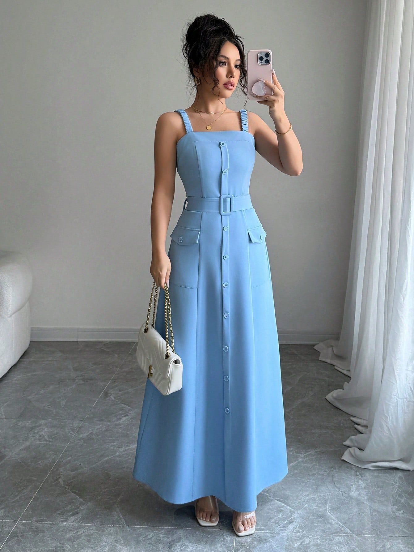 Sleeveless A-Line Dress With Single-Breasted Design, New Summer Style