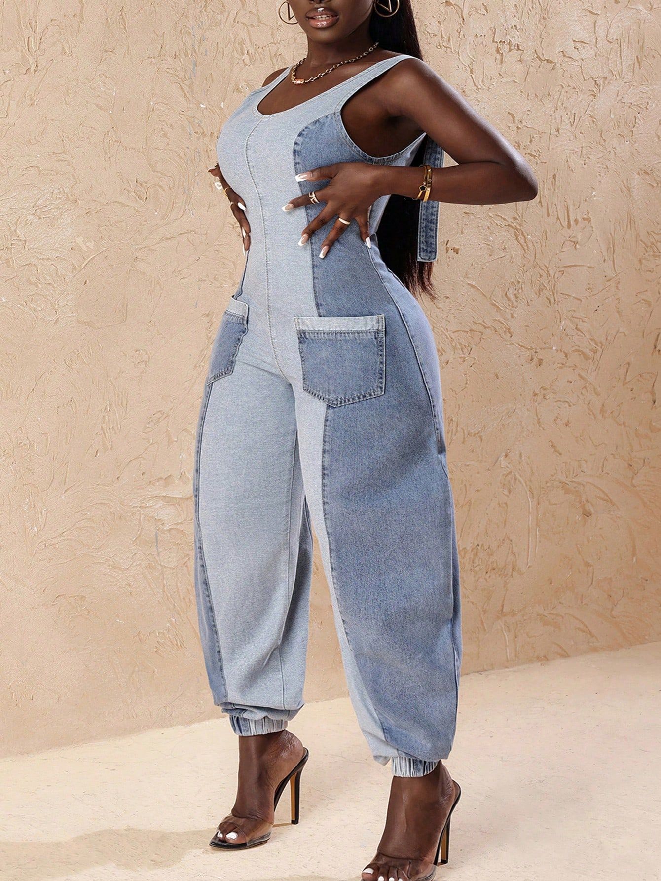 Plus Size Summer Casual Contrast Color Patchwork Denim Jumpsuit
