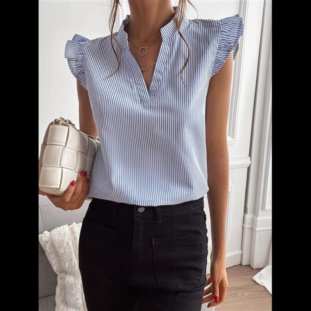 Wdirara Women's Striped Ruffle Cap Sleeve Notched V Neck Blouse Top Shirt | Color: Blue/White | Size: Various