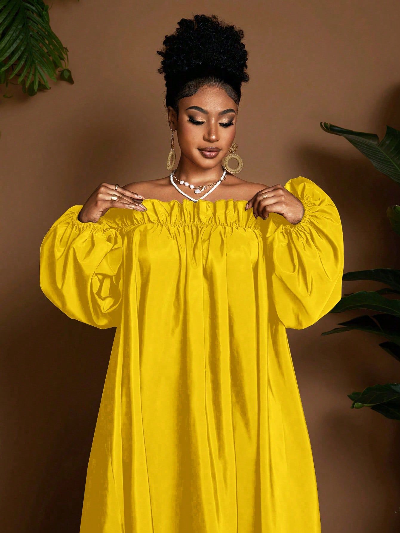 Plus Size Simple Solid Off Shoulder Ruffle Lantern Sleeve Dress