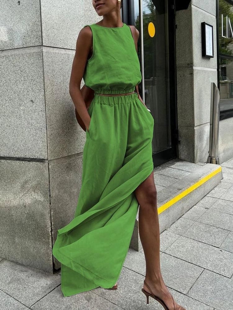 Zweiteiliges Set aus Oberteil und Hose aus Leinen - Green / M