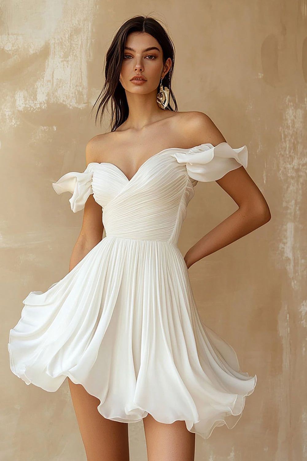 ZAPAKASA Women A Line Chiffon Sweetheart Mini Little White Dress with Ruffles Off the Shoulder Pleated Graduation Dress