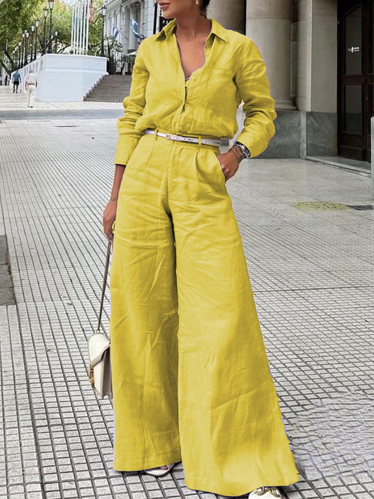Stylewe Women Plain Linen Urban Pant  Wide leg Long pants  A-Line Regular Pocket Stitching Summer For Work & Leisure