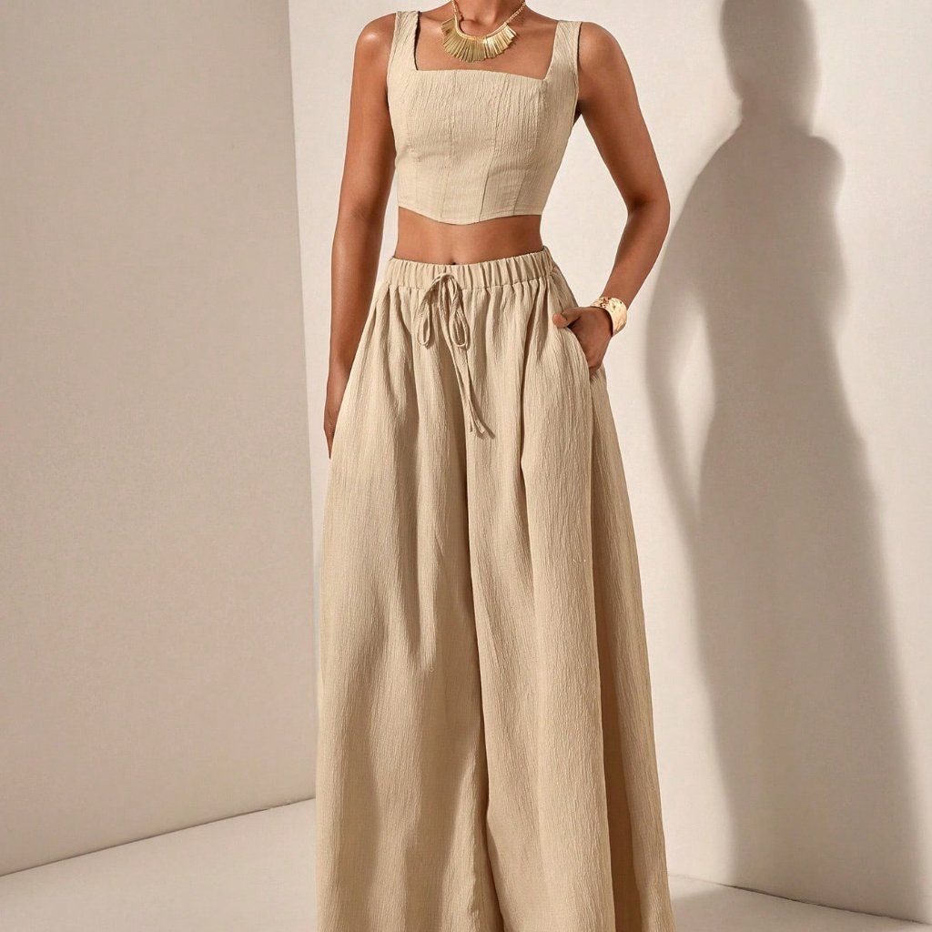 Khaki Womens Crop Top & Flowy Wide Legged Pants Textured Fabric Coord Set | Color: Tan | Size: Various