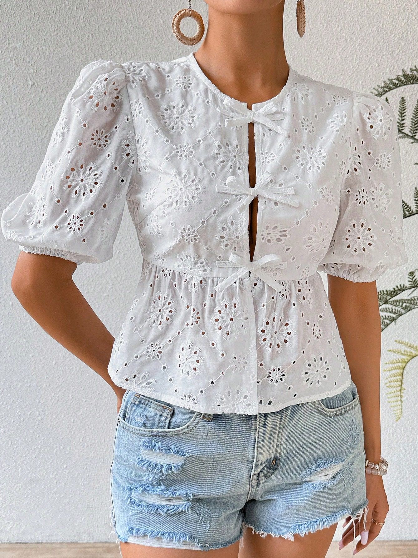 Hollow Jacquard Lace-Up Shirt With Puff Sleeves
