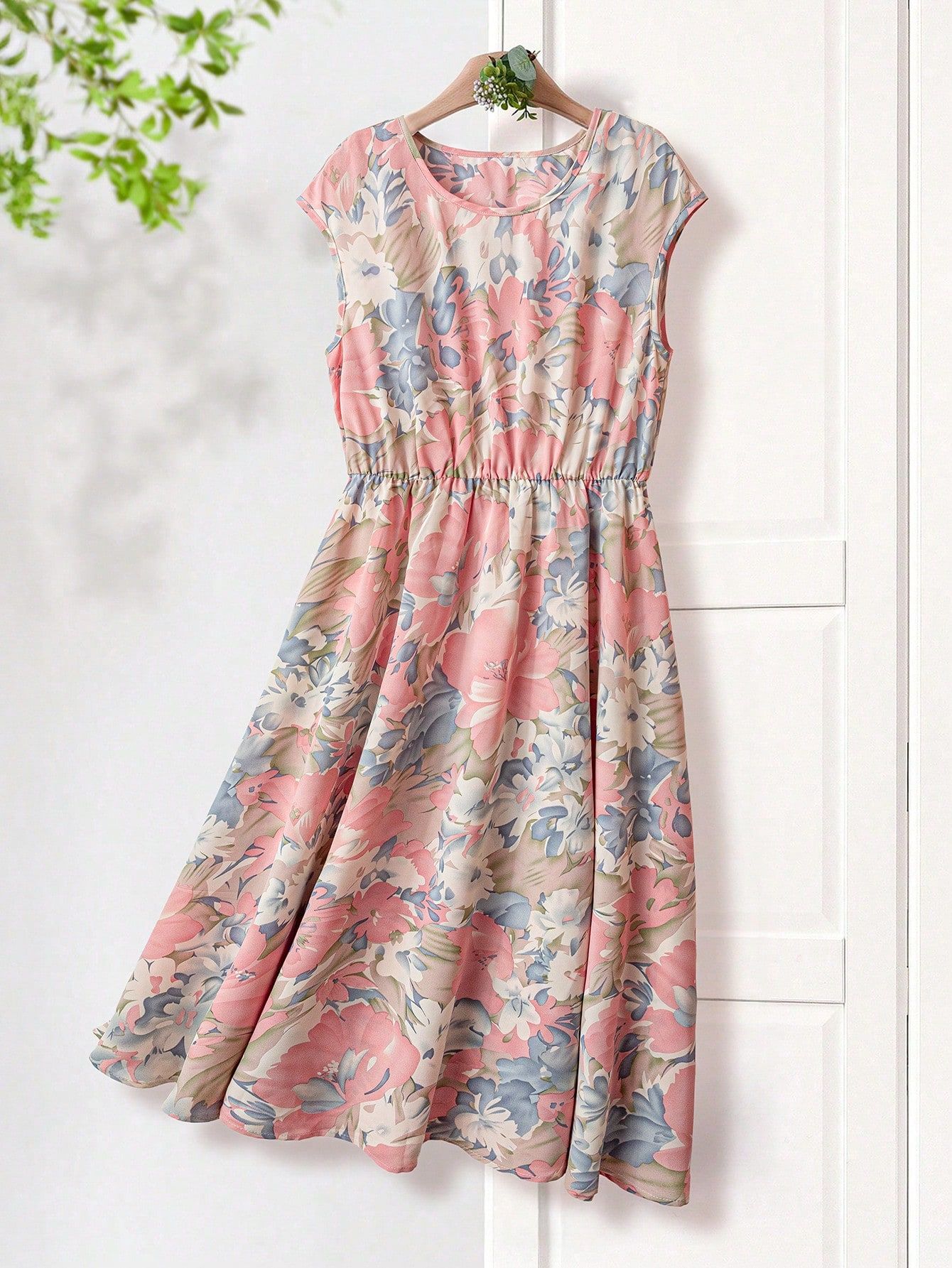 Women's Elegant Floral Printed Round Neck Dress, Summer Floral Print Ruffle Hem Elegant Dress For Women Women Clothing Summer Midi Dresses For Women Women Clothing Dresses  Ruffle Dress Flower Dress Casual Elegant Dress Women Dresses Summer