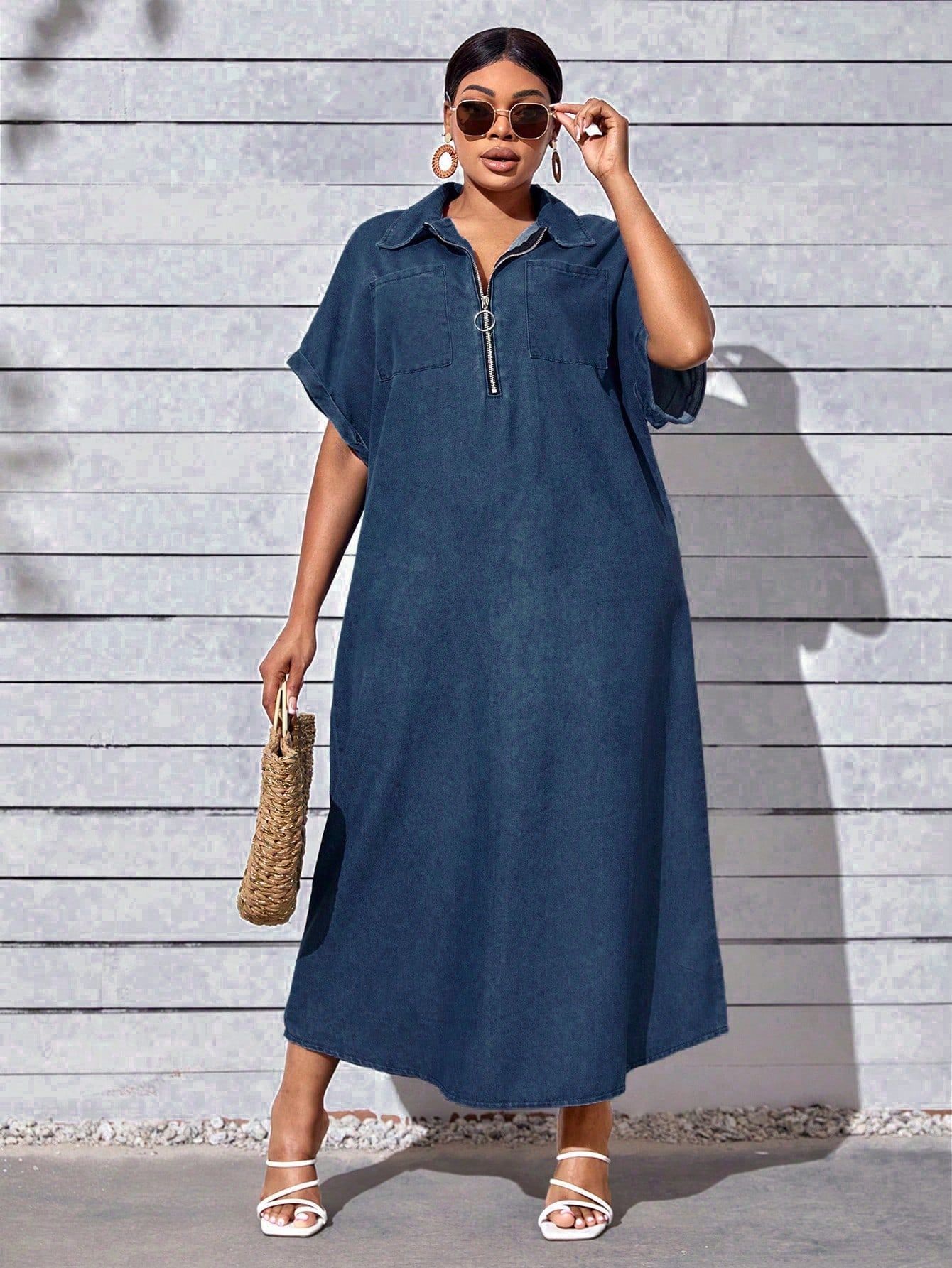 Women Solid Color Plus Size Denim Dress