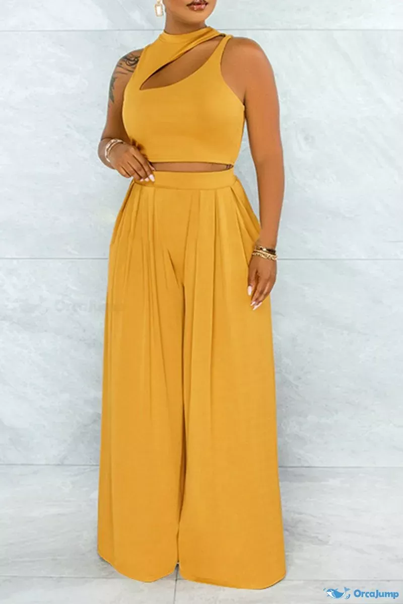 OrcaJump - Womens Solid Green O-Neck Sleeveless Two-Piece Hollowed-Out Casual Fruit Dress - Jengibre, XL