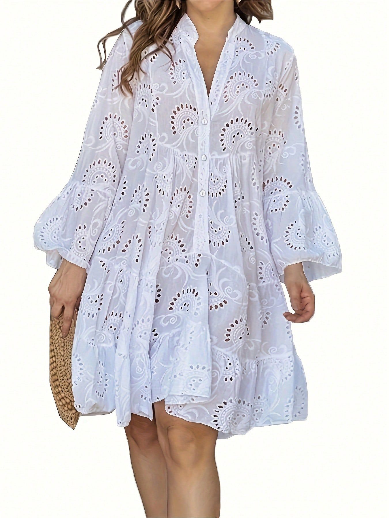 Vintage Elegant Deep V Neck Eyelet Dress For Women A-Line Loose Fit 3/4 Flare Sleeve Embroidery Dressy Casual Party Dresses