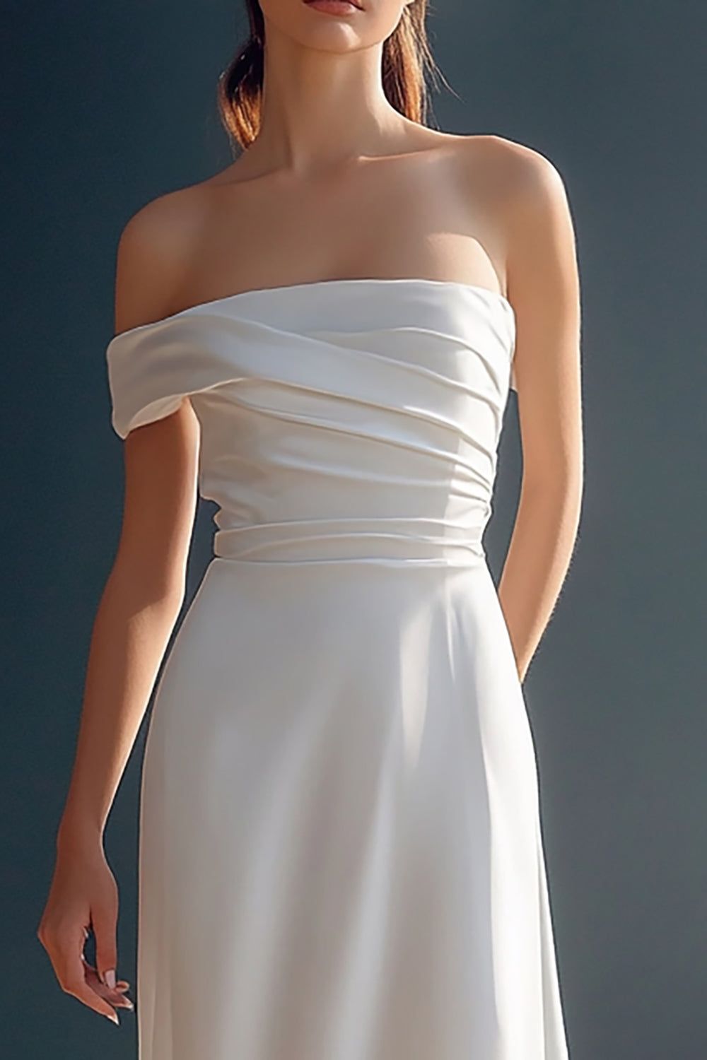 ZAPAKASA Women White Satin A Line Square Neck Rehearsal Dinner Dress One Shoulder Ruched Long Engagement Dress