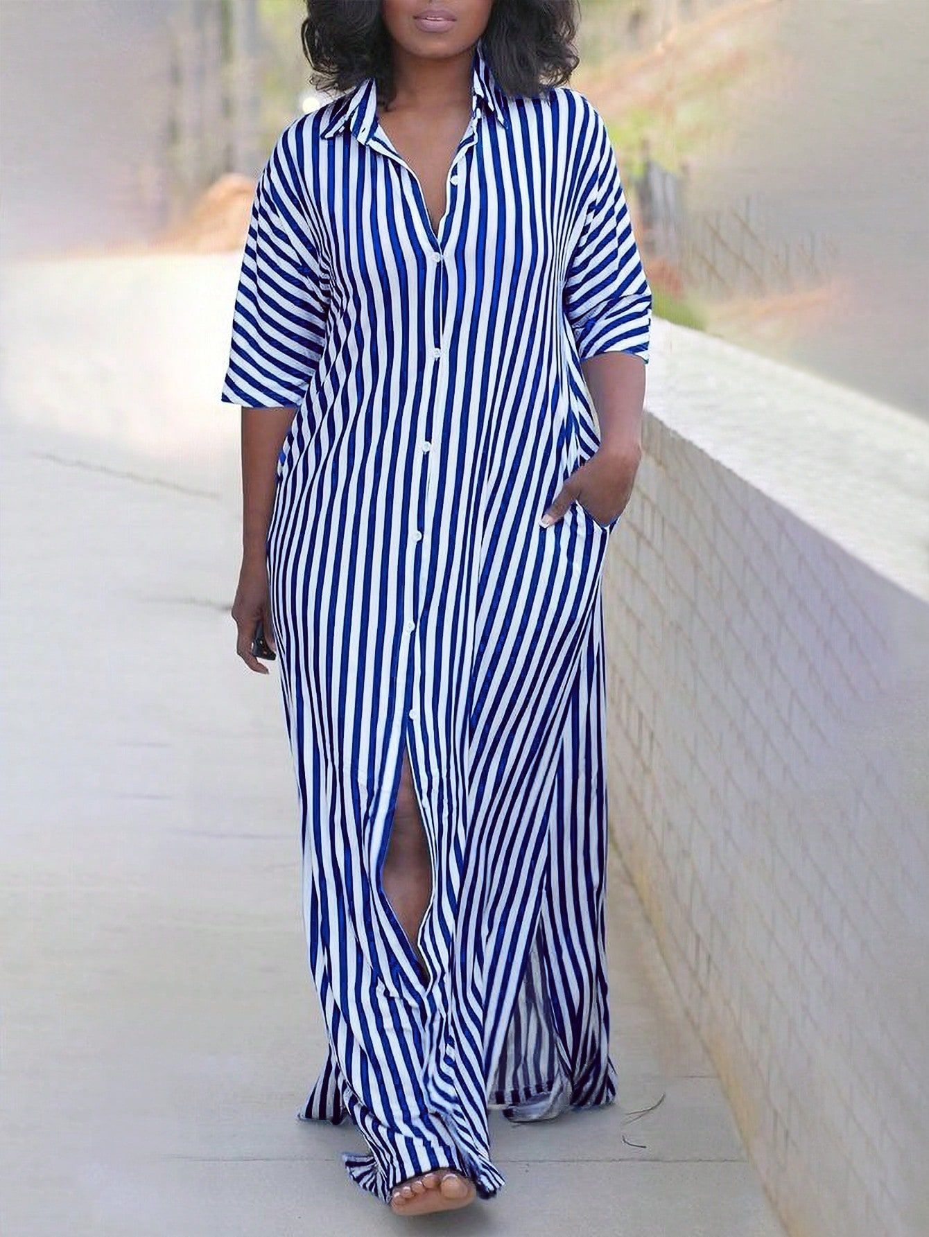 Plus Size Women's Striped & Floral Print Shirt Dress