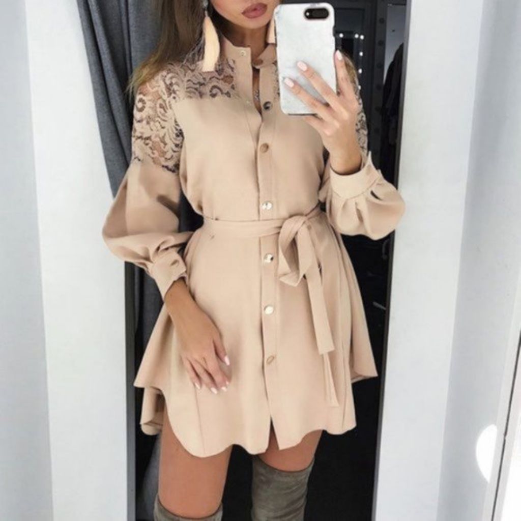 Chic Button Down Waist Tie Long Sleeve Lace Dress | Color: Cream | Size: Various