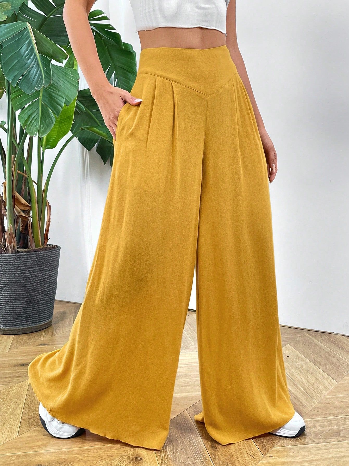 Women's Fashionable High Waisted Wide Leg Yellow Weave Pants With Loose Design