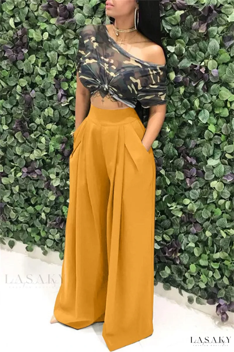 Lasaky - Womens Army Green High-Waisted Patchwork Trousers - Casual Solid Color Pants