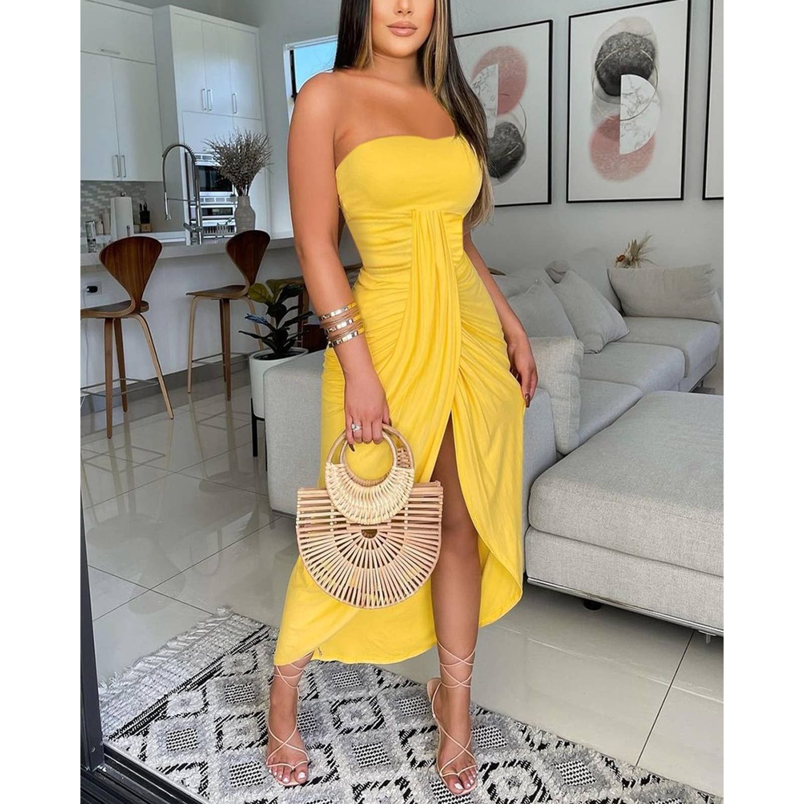 Chicme Dresses | Women's Bandeau Ruched Slit Casual Tube Dress | Yellow | Size Medium | Color: Yellow | Size: M
