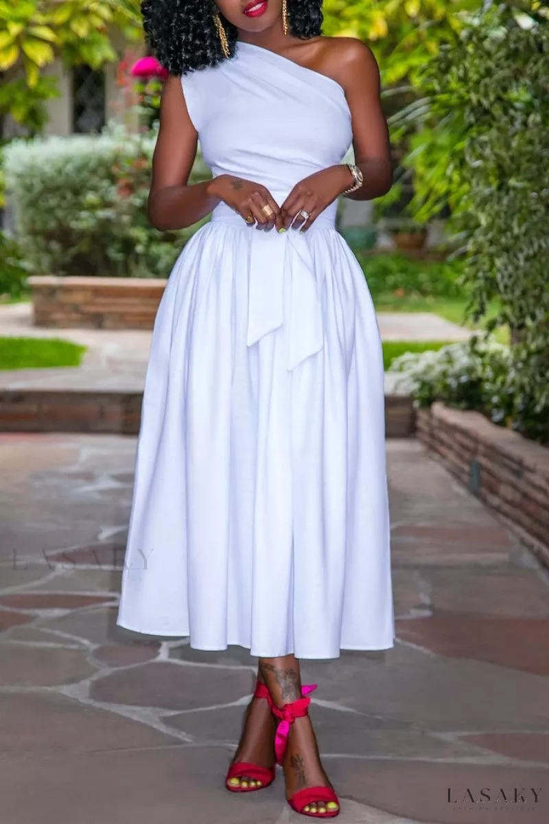 Lasaky - Elegant White Solid Backless Dress with Oblique Collar and Sleeveless Design - White, XL