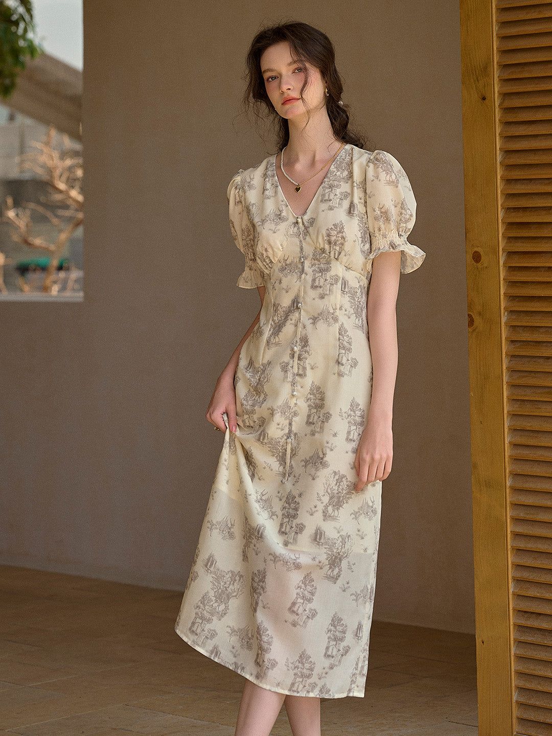 【Final Sale】Xena V-Neck Floral Puff Sleeve Dress - Apricot