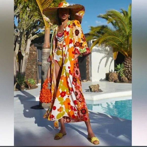 Celiab Dresses | Celiab Titanite Kaftan Vintage Print, Size Small | Color: Orange/Red | Size: S