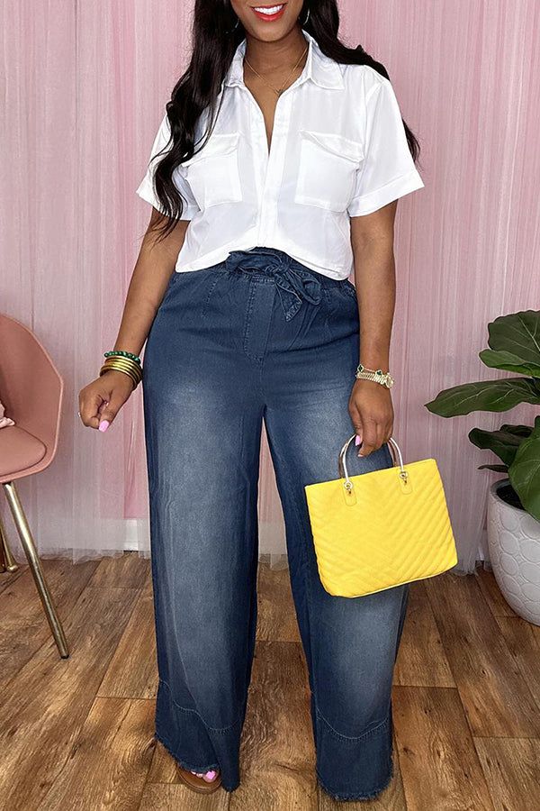 Ruffled Loose Wide Leg Jeans (With Belt) Navy blue-2XL