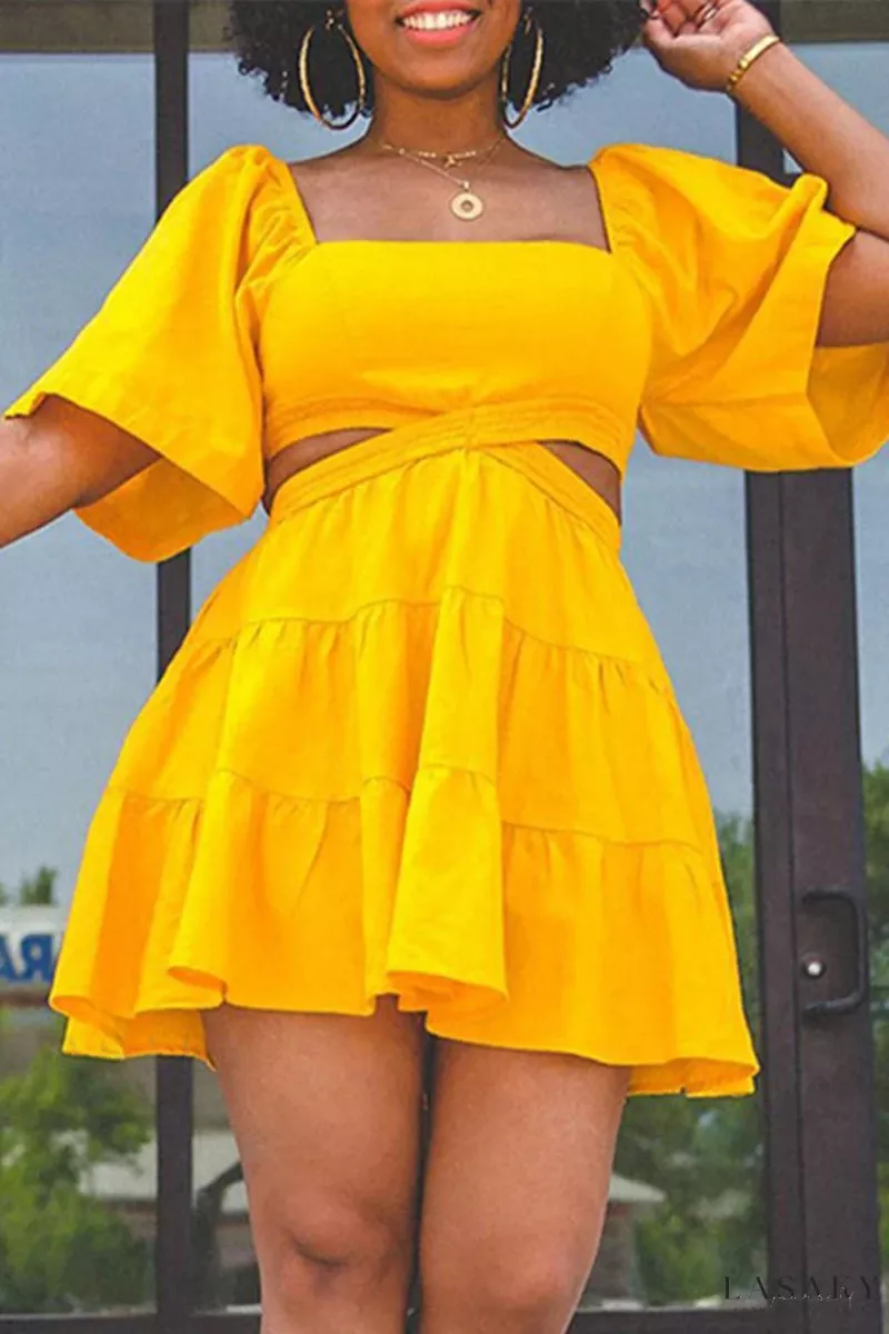Lasaky - Exquisite Womens Lemon Yellow Short Sleeve Dress with a Sophisticated Solid Color and a Stunning Hollowed Out Back Design. - Yellow, S