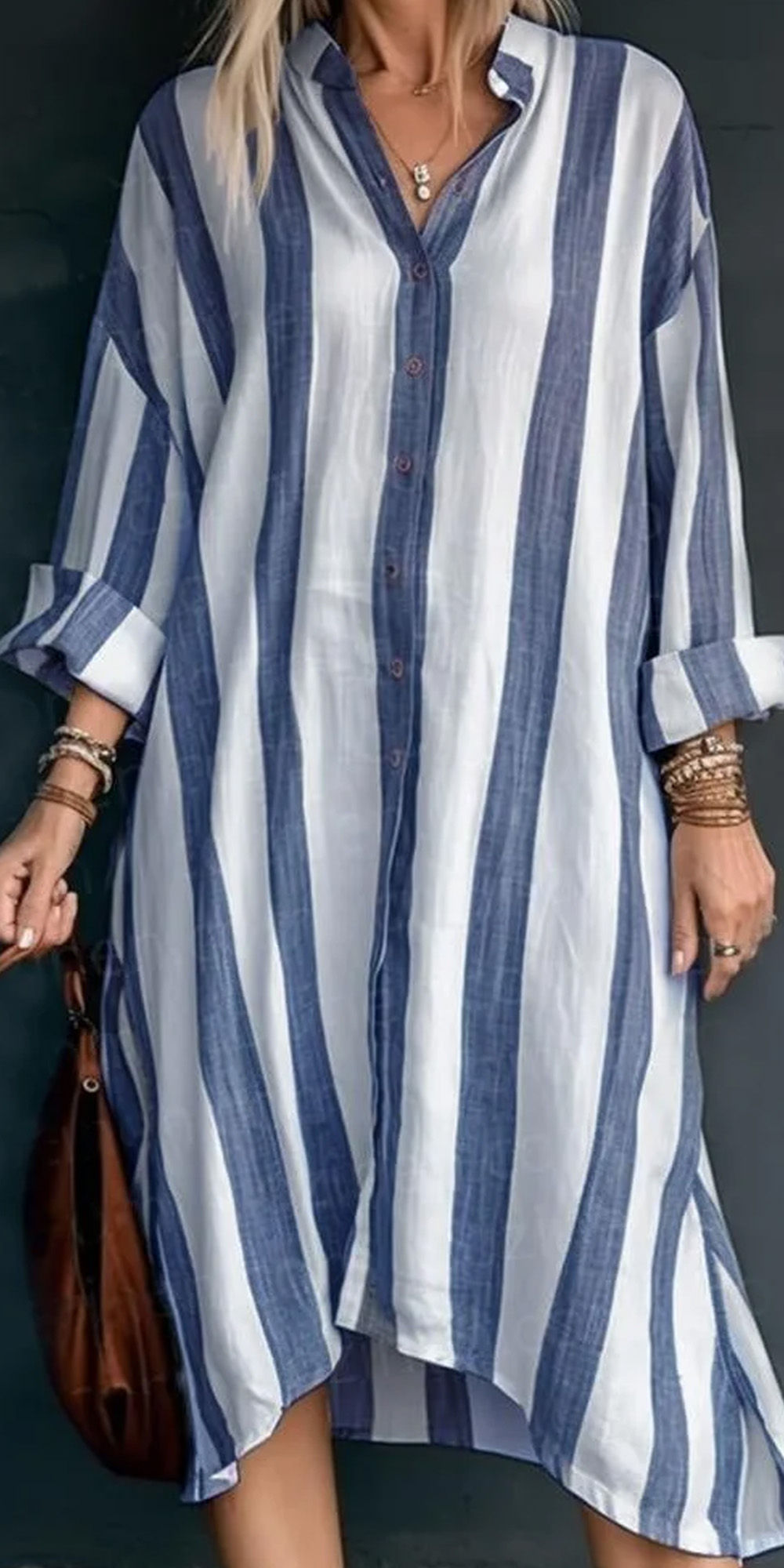 2023 new elegant Loose Striped Knee Trim Shirt Dress 3 colors & S-3XL