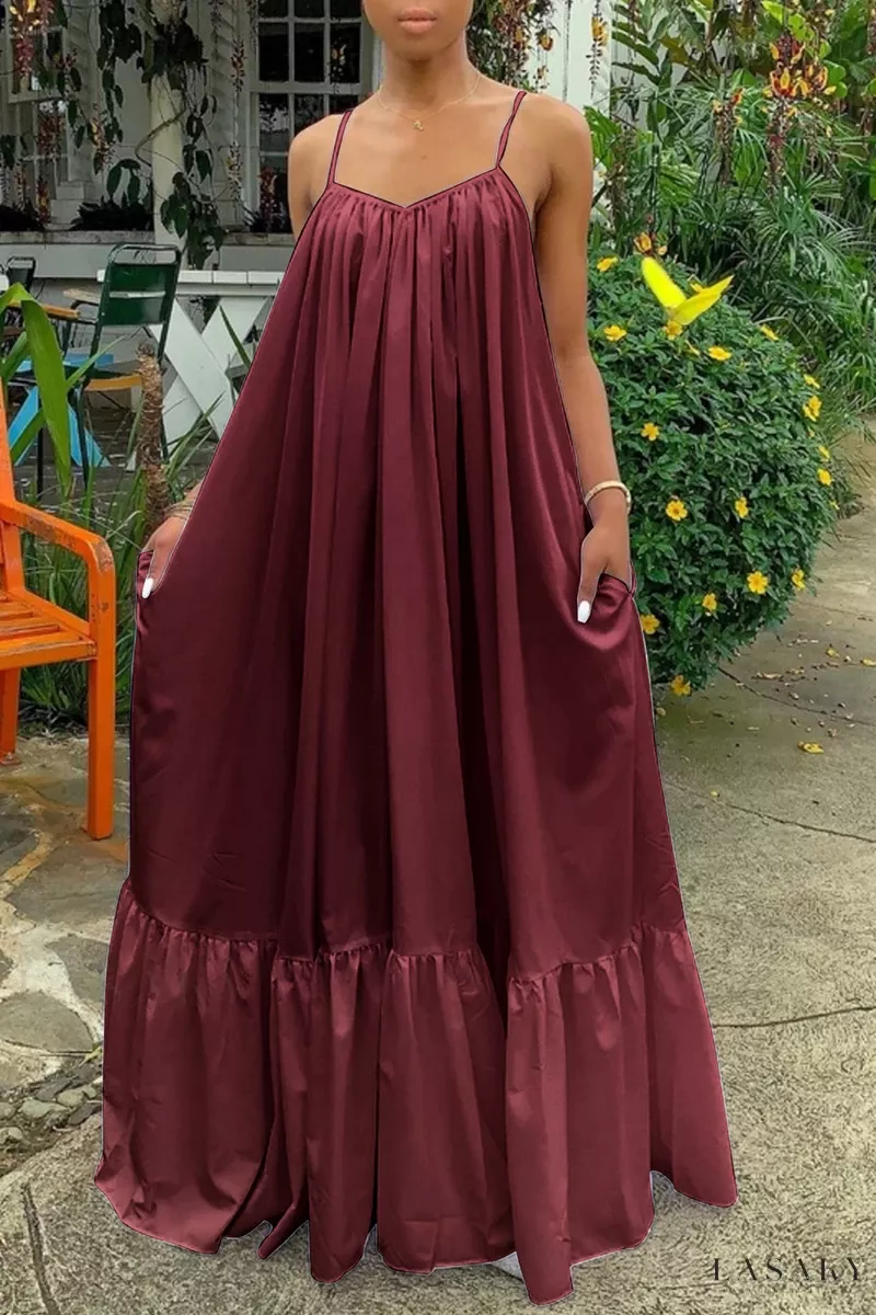 Lasaky - Womens Green Solid Casual Backless Dress with Spaghetti Strap and Loose Fit - Burgundy, M