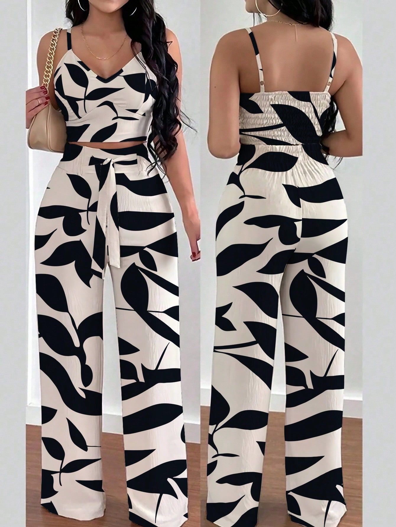 2pcs Women Spaghetti Strap Elastic Camisole Top And Wide Leg Pants With Tie Front Set