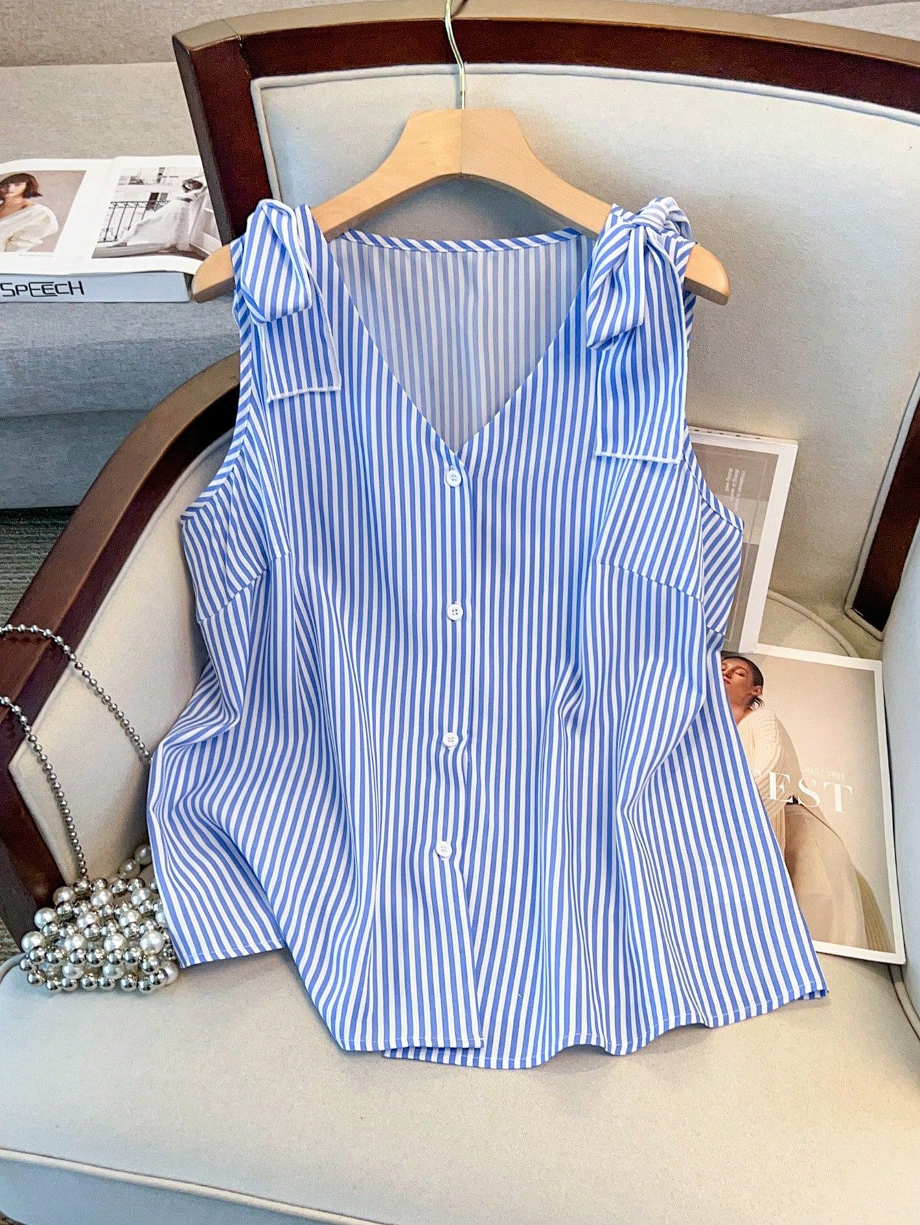 Plus Size Women's Elegant Striped Casual Blouse, Suitable For Spring And Summer