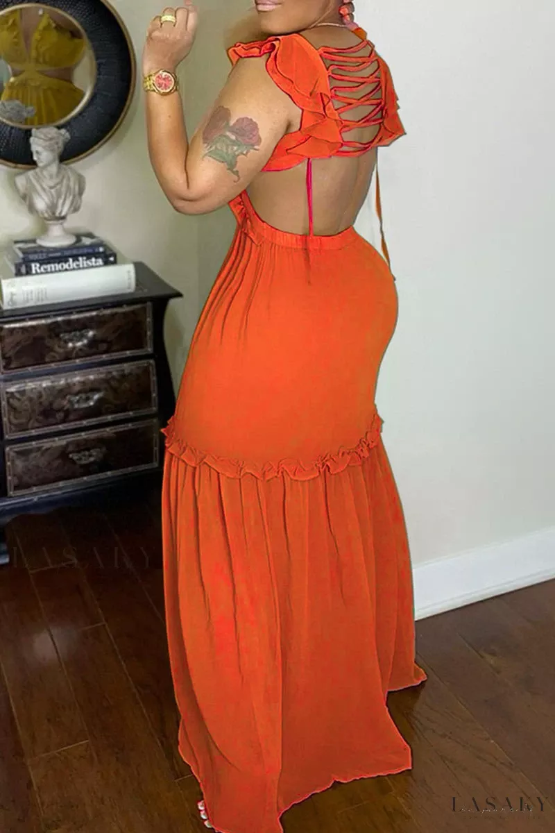 Lasaky - Long Sleeve Maxi Dresses with Pleated Fabric and Adjustable Lacing