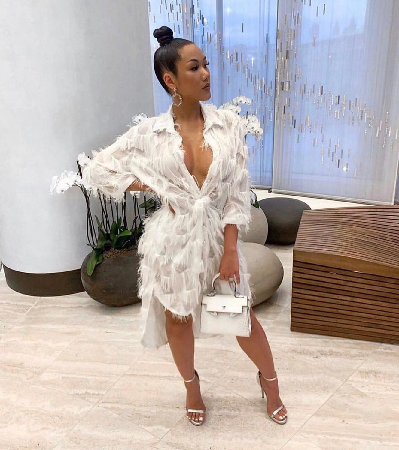 Echoine Feather Tassel Shirt Dress Autumn Sexy White Vintage Vestidos Ladies Elegant Party Club