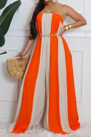 Stripped Wide Leg Jumpsuit - Medium