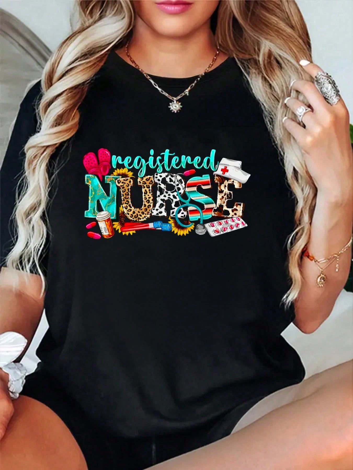 RN Nurse Leopard Print Registered Nurse Nursing School Women T-Shirt Summer Outfits For Women T Shirts Women Graphic Tees Women
