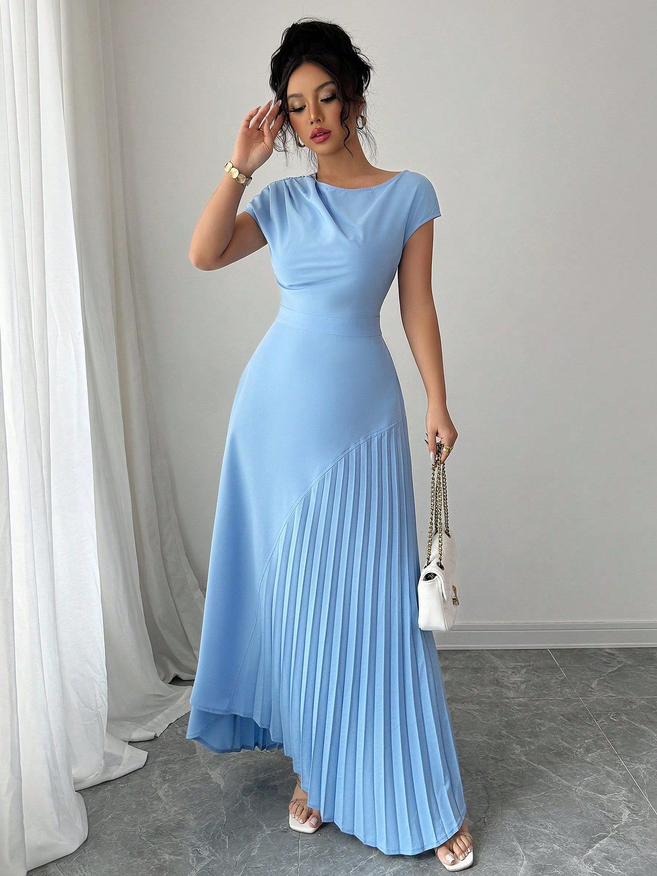 Fashionable Elegant Off Shoulder Pleated Waist Asymmetrical Hem Ruched Women Dress