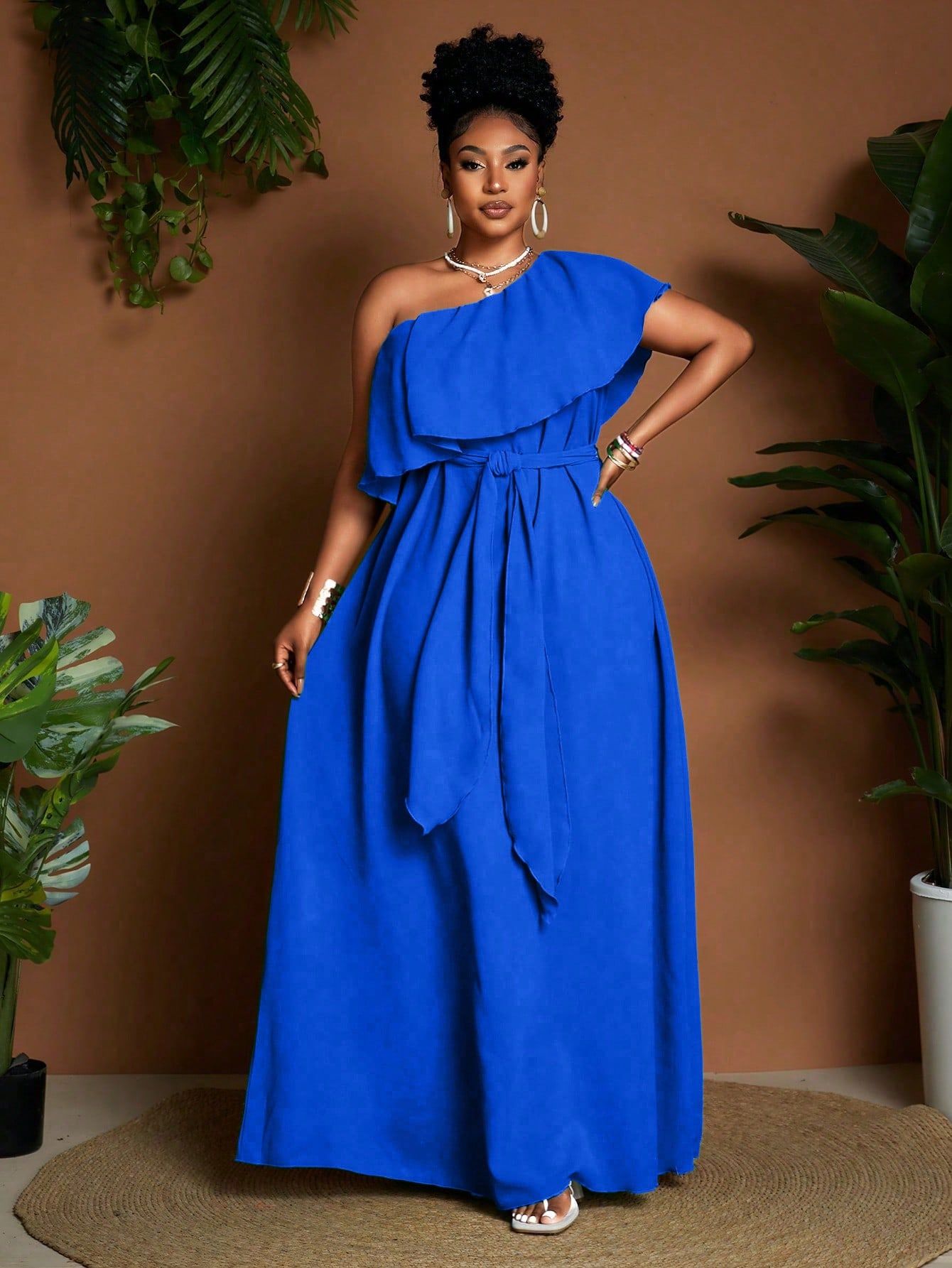 Plus Size Women Ruffled Oblique Shoulder Casual A-Line Dress For Holiday
