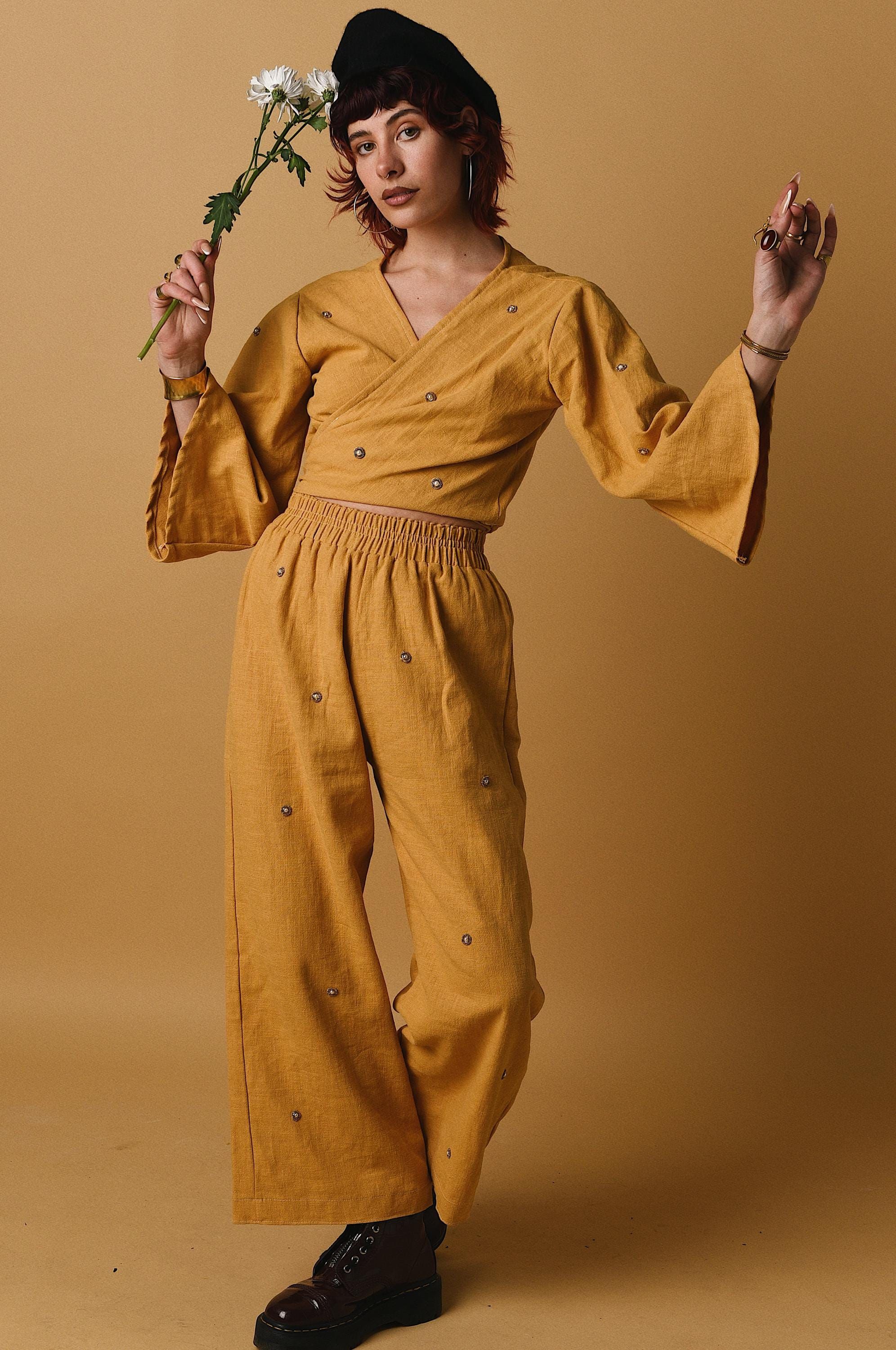 Handmade Womens Hippy Stonewash Linen Boho Mustard Co Ord Summer Trousers Wrap Top Embellished Festival Outfit Cottagecore Fairycore Whimsy