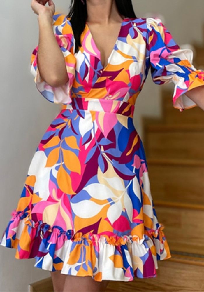 Reviews : Summer Women's Print Elegant V-Neck Fashion Ruffle Dress