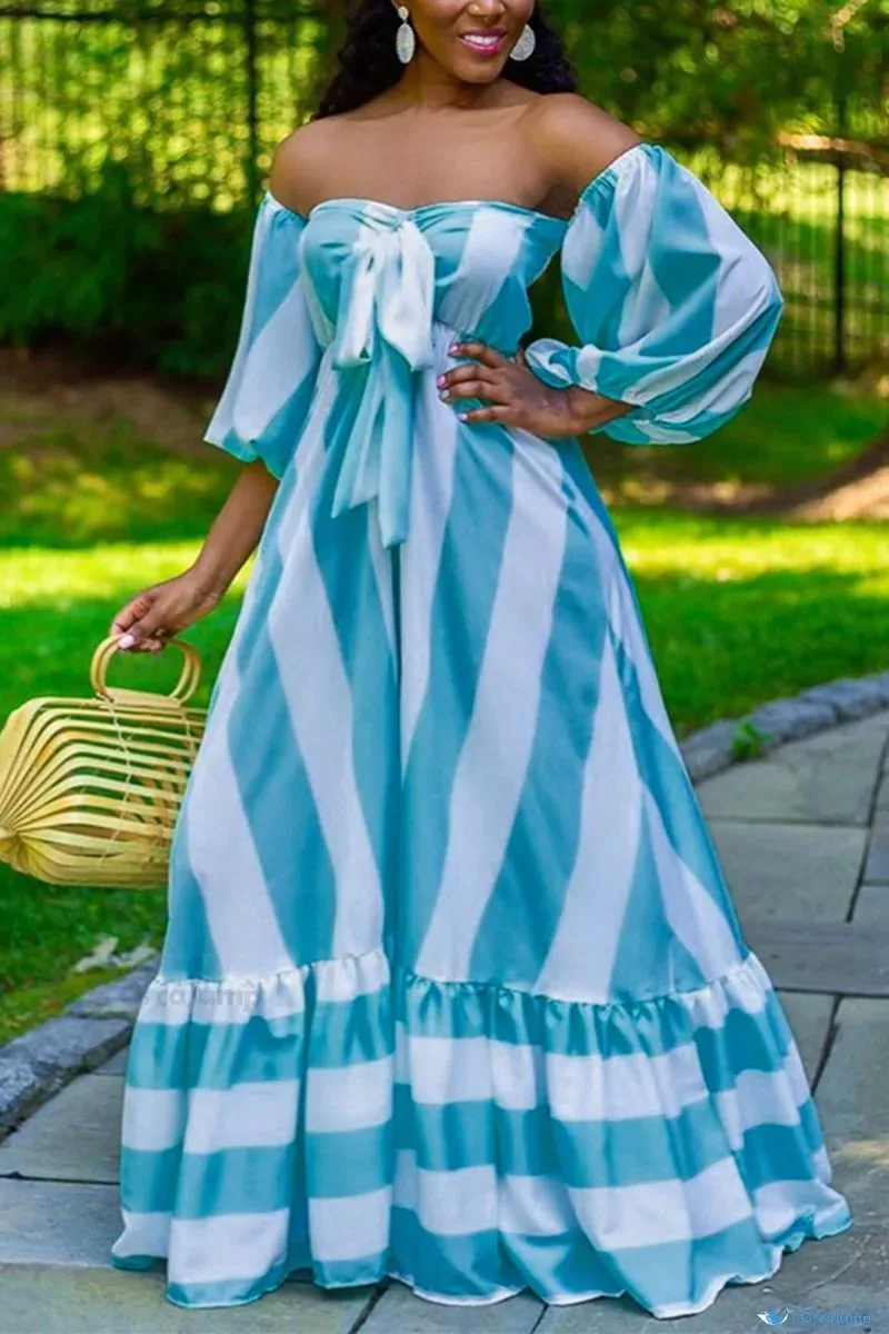 OrcaJump - Elegante vestido de rayas azules y blancas con hombros al aire - Traje casual de moda - Azul Blanco, S