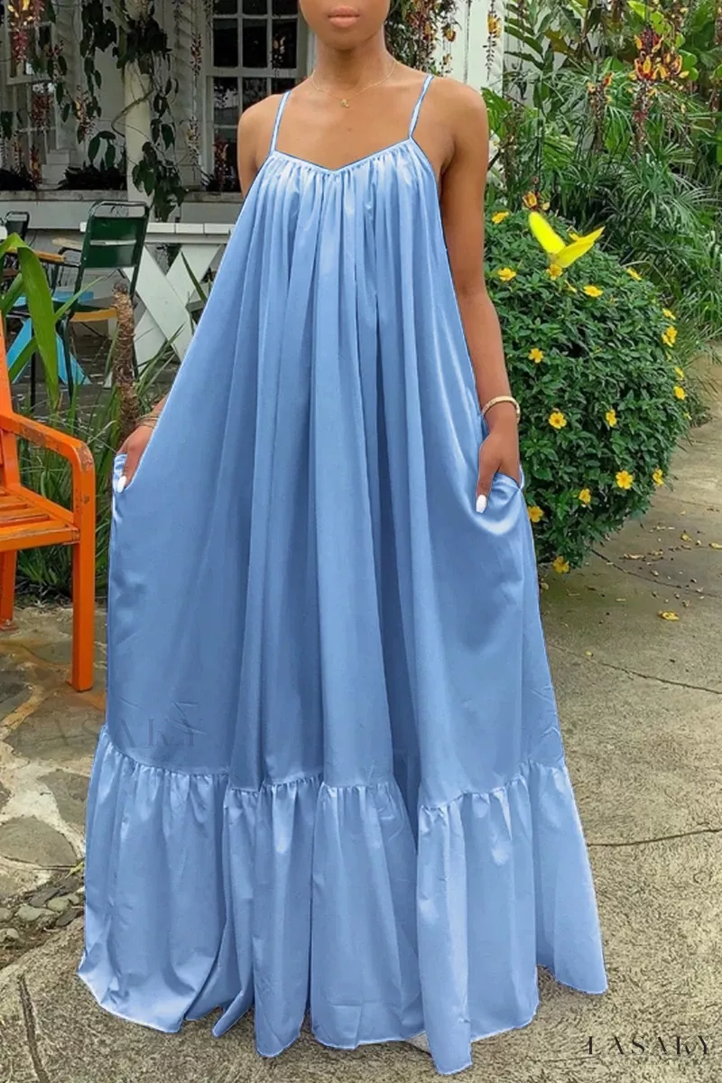 Lasaky - Womens Green Solid Casual Backless Dress with Spaghetti Strap and Loose Fit - Light Blue, S