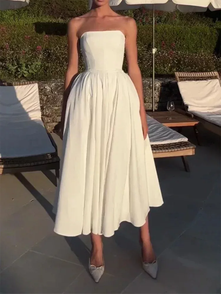 Lebadesign 2024 Summer Lady Chic Solid Robes Elegant Pleated Cotton Strapless Long Dress Women Sleeveless Backless High Waist Party Dresses white-S