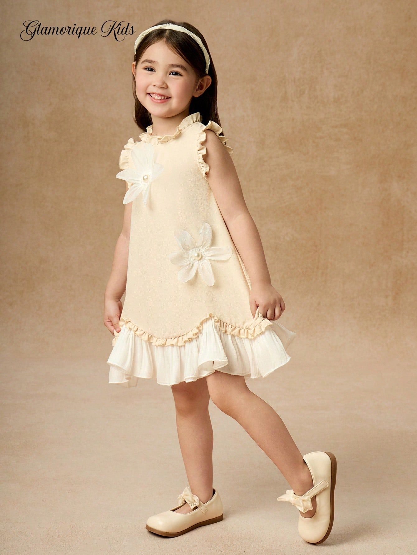 Young Girl 3D Pearl Flower Decor Ombre Wave Hem Contrast Color Occasion Dress, Spring/Summer Beige Flower Girl Dress